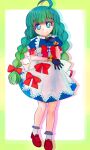  ! 1girl absurdres ahoge apron back_bow black_gloves blue_dress blue_eyes blue_hair blunt_bangs bow braid bright_pupils closed_mouth dress drop_shadow eyelashes footwear_ribbon frilled_apron frills full_body glove_bow gloves gradient_hair green_eyes green_hair hair_bow highres long_hair looking_at_viewer me-tan multicolored_eyes multicolored_hair multiple_hair_bows orange_bow os-tan puffy_short_sleeves puffy_sleeves red_bow red_footwear red_ribbon ribbon shoes short_sleeves sleeve_bow smile socks solo split_mouth tsukiyono_aroe twin_braids two-tone_hair very_long_hair white_apron white_bow white_pupils white_socks 