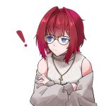  ange_katrina annoyed blue_eyes chamaji clothing_cutout crossed_arms earrings frilled_shirt_collar frills furrowed_brow glasses hair_between_eyes hair_intakes highres jewelry looking_to_the_side necklace nijisanji pout puffy_sleeves red_hair short_hair shoulder_cutout triangle_hair_ornament virtual_youtuber 