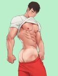  1boy abs ass bara bare_pectorals brown_hair clenched_hands closed_eyes clothes_in_mouth clothes_pull flexing green_background highres large_pectorals male_focus mouth_hold muscular muscular_male naoki_(xhju8282) nipples original partially_undressed pectorals red_shorts shirt shirt_in_mouth shirt_pull short_hair shorts solo tan tanlines white_shirt 