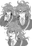  1boy blush buttons collared_shirt cropped_torso d: danganronpa_(series) danganronpa_v3:_killing_harmony glasses gokuhara_gonta greyscale hand_up highres jacket kumakoro_(tetsupag) long_hair looking_at_viewer male_focus messy_hair monochrome multiple_views muscular muscular_male necktie open_mouth outline round_eyewear serious shirt white_outline 