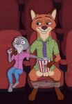  anthro bottomwear bottomwear_down canid canine clothed clothing disney duo female food fox fur green_eyes grey_body grey_fur hi_res judy_hopps lagomorph leporid male male/female mammal movie_theater nick_wilde orange_body orange_fur pants pants_down partially_clothed pink_eyes popcorn public public_nudity rabbit surprised_expression wroniasty zootopia 