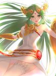  1girl armlet artist_name backlighting bare_arms bare_shoulders breasts chain chiton circlet diadem dress forehead_jewel gold gold_chain green_eyes green_hair highres holding holding_shield jewelry kid_icarus kid_icarus_uprising large_breasts long_hair neck_ring p_i_n_o palutena parted_bangs pendant shield side_slit single_thighhigh strapless strapless_dress thighhighs vambraces very_long_hair white_dress 