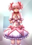  1girl absurdres bow breasts bubble_skirt choker closed_mouth cowboy_shot facing_viewer gloves hair_bow highres kaname_madoka kneehighs magical_girl mahou_shoujo_madoka_magica medium_breasts miyakura_haruto own_hands_clasped own_hands_together pink_bow pink_hair puffy_short_sleeves puffy_sleeves red_choker short_hair short_sleeves short_twintails skirt smile socks solo soul_gem standing twintails white_gloves white_skirt white_socks 