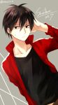  1boy black_hair black_shirt brown_pants character_name closed_mouth collarbone collared_jacket commentary_request double-parted_bangs dutch_angle grey_background hair_between_eyes hand_on_own_head jacket kagerou_project kisaragi_shintarou light_frown looking_away male_focus mekakucity_actors open_clothes open_jacket pants partial_commentary popped_collar red_jacket shirt short_hair simple_background solo sweat track_jacket twitter_username upper_body usm_(kk316) white_stripes 