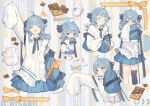  1girl absurdres ahoge blue_bow blue_eyes blue_hair blue_skirt blunt_bangs blush bow chocolate copyright_request crossed_arms hair_bow hair_ornament hairclip heterochromia highres ichisaku long_hair milk multiple_views skirt yellow_eyes 