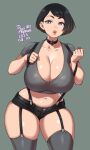  1girl agawa_ryou artist_name black_eyes black_hair bob_cut breasts choker cleavage commentary cowboy_shot dated english_commentary full_body garter_straps grey_background huge_breasts navel original short_shorts shorts simple_background solo suspenders thick_thighs thighhighs thighs 