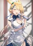  1girl :d animal_ears antenna_hair arknights arm_under_breasts bare_shoulders blonde_hair blurry blurry_background blush braid breasts cleavage cleavage_cutout closed_eyes clothing_cutout cowboy_shot depth_of_field dress facing_viewer highres holding kiyakyuu kroos_(arknights) kroos_the_keen_glint_(along_the_corridor)_(arknights) kroos_the_keen_glint_(arknights) large_breasts long_hair official_alternate_costume open_mouth pelvic_curtain print_dress rabbit_ears smile solo white_dress 