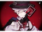  1boy black_capelet black_gloves black_headwear bow bowtie capelet card center_frills closed_mouth commentary_request detached_sleeves ego_(ego_inp) eyelashes facial_mark frilled_shirt frills genshin_impact gloves grey_hair hair_between_eyes hair_over_one_eye hand_up hat highres holding holding_card letterboxed long_sleeves looking_at_viewer lyney_(genshin_impact) male_focus parted_bangs playing_card purple_eyes red_background red_bow red_bowtie shirt short_hair simple_background sleeveless sleeveless_shirt smile solo swept_bangs teardrop_facial_mark top_hat two-tone_gloves upper_body white_gloves white_shirt white_sleeves 