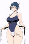  1girl artist_name bare_shoulders blue_hair blue_one-piece_swimsuit blunt_bangs bouncing_breasts breasts collarbone commentary covered_navel cowboy_shot english_commentary glasses groin highleg highleg_swimsuit holding horns large_breasts legs_together looking_at_viewer lv1_maou_to_one_room_yuusha motion_lines one-piece_swimsuit pointy_ears raised_eyebrow relaxjon semi-rimless_eyewear short_hair sketch solo swimsuit thighs watermark white_one-piece_swimsuit wide_hips zenia_(lv1_maou_to_one_room_yuusha) 