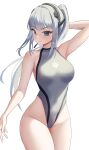  1girl absurdres arm_behind_head black_survival blunt_bangs blush breasts closed_mouth commentary competition_swimsuit eternal_return:_black_survival grey_eyes grey_hair grey_one-piece_swimsuit haze_(black_survival) headset highleg highleg_swimsuit highres large_breasts long_hair looking_at_viewer one-piece_swimsuit ponytail rinrasetsu sidelocks simple_background solo swimsuit two-tone_swimsuit white_background 