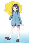  absurdres black_hair blue_eyes blush eniwa_shii highres holding holding_umbrella maisama medium_hair mole necktie open_mouth raincoat school_uniform shoes simple_background socks solo standing super_cub umbrella water white_background 