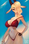  antelope anthro bikini blonde_hair bovid bracelet breasts camel_toe clothed clothing disney female fur gazelle gazelle_(zootopia) gold_(metal) gold_bracelet gold_jewelry hair hair_over_eye hand_on_hip hi_res hooved_hands horn jewelry limoncella mammal nipple_outline one_eye_obstructed skimpy solo swimwear tan_body tan_fur zootopia 