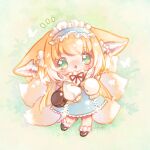  1girl animal_ears arknights bag black_footwear blonde_hair blue_hairband blue_skirt blunt_ends blush bobby_socks brown_bag cardigan chibi colored_tips commentary_request cross-laced_clothes cross-laced_skirt cross-laced_slit fox_ears fox_girl fox_tail frilled_hairband frills full_body green_eyes hair_ornament hair_scrunchie hairband keluy kitsune kyuubi long_hair long_sleeves looking_at_viewer multicolored_hair multiple_tails neck_ribbon official_alternate_costume open_mouth puffy_long_sleeves puffy_sleeves red_ribbon ribbon round_bag scrunchie shoulder_bag skirt sleeves_past_wrists socks solo suzuran_(arknights) suzuran_(spring_praise)_(arknights) tail two-tone_hair white_hair yellow_cardigan 