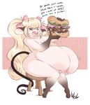 anthro areola big_breasts blonde_hair breasts burger dullvivid english_text female food furniture gloves_(marking) hair hi_res holding_burger holding_food holding_object huge_breasts hyper hyper_breasts leg_markings long_hair mammal markings mouse murid murine nipples nude open_mouth pigtails pink_areola pink_nipples rodent sitting socks_(marking) solo stool text thick_thighs tiffy_cheesecake white_body 