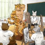  2020 absurd_res anthro art_class balls bear blush bodily_fluids bottomwear bottomwear_down canid canine canis classroom clothed clothing cum cumshot drawing dress_shirt easel ejaculation embarrassed erection felid genital_fluids genitals group hand_behind_head hi_res humanoid_genitalia humanoid_penis lagomorph leporid male male/male mammal masturbation muscular muscular_male nipples nude nude_modelling open_bottomwear open_clothing open_pants pantherine pants pants_down partially_clothed penile penile_masturbation penis precum pubes rabbit royalsobatya school shirt tiger topwear unwanted_erection wolf 