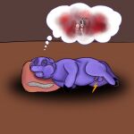  1:1 anus balls bodily_fluids butt cuddlybloodily drooling drop_shadow duo erection eyes_closed female feral fluffy_pony fluffy_pony_(species) fur genitals hi_res male mammal penis pillow purple_body purple_fur pussy saliva simple_background sleeping thought_bubble 