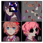  4girls blazer blue_eyes blush bow brown_hair collared_shirt covered_eyes covered_mouth dated distortion doki_doki_literature_club empty_eyes glitch green_eyes hair_bow hair_ornament hair_ribbon hairclip highres jacket kutako_(kutako138) long_hair looking_at_viewer looking_back monika_(doki_doki_literature_club) multiple_girls natsuki_(doki_doki_literature_club) noose one_eye_covered parted_lips pink_hair purple_eyes purple_hair red_bow red_ribbon ribbon sayori_(doki_doki_literature_club) school_uniform shirt short_hair sidelocks simple_background static swept_bangs twintails twitter_username white_ribbon white_shirt yuri_(doki_doki_literature_club) 