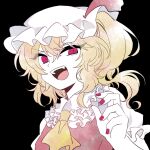  1girl ascot black_background blonde_hair commentary fangs flandre_scarlet hat hat_ribbon highres looking_at_viewer medium_hair mob_cap one_side_up open_mouth red_eyes red_nails red_ribbon ribbon simple_background solo touhou upper_body white_headwear ya_(inkokatte) yellow_ascot 
