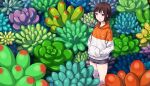  1girl black_shorts bob_cut brown_hair hands_in_pockets hashi hood hoodie original oversized_plant purple_eyes short_shorts shorts solo standing succulent_plant two-tone_hoodie 
