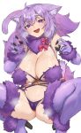  1girl absurdres animal_ears blush cameltoe cat_ears cosplay elbow_gloves fang fate/grand_order fate_(series) fur-trimmed_gloves fur-trimmed_legwear fur-trimmed_thighhighs fur_bikini fur_collar fur_trim gloves highres hololive mash_kyrielight mash_kyrielight_(dangerous_beast) mash_kyrielight_(dangerous_beast)_(cosplay) medium_hair nekomata_okayu noor7 purple_eyes purple_gloves purple_hair purple_tail purple_thighhighs revealing_clothes smile squatting tail thighhighs virtual_youtuber white_background wolf_tail 