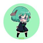  1girl animal_ears black_dress black_footwear blush_stickers boots choujuu_gigaku dog_ears dog_tail dress fangs full_body green_eyes green_hair heart heart_in_mouth kasodani_kyouko kayama_benio long_sleeves open_mouth short_hair smile solo sunglasses tail touhou 