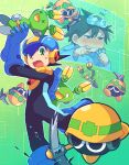  2boys battle_chip brown_hair carrying commentary_request green_eyes helmet ishikoro1645 lan_hikari_(mega_man) male_focus mega_man_(series) mega_man_battle_network_(series) megaman.exe met_(mega_man) mr._prog_(mega_man) multiple_boys pickaxe short_hair sick x_x 