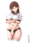  1girl blush breasts brown_hair buruma covering covering_crotch cowboy_shot ebifurya green_buruma gym_uniform highres kantai_collection large_breasts long_hair looking_at_viewer navel one-hour_drawing_challenge ooi_(kancolle) shirt short_sleeves simple_background solo stomach thighhighs twitter_username underboob white_background white_shirt white_thighhighs 