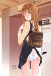  1girl accidental_exposure arrow_(symbol) artist_name ass backpack bag black_dress blush brown_eyes brown_hair butt_crack carrying clothes_lift commentary_request cowboy_shot crotch_seam dress dress_lift from_behind highres kusano_kouichi long_hair long_sleeves looking_at_viewer looking_back open_mouth original panties pinafore_dress pleated_dress school_briefcase shirt short_dress signature sleeveless sleeveless_dress smile solo standing thighs underwear white_panties yellow_shirt yellow_sleeves 