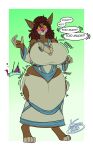 anthro big_breasts biped breast_expansion breasts brown_body brown_fur canid canine cleavage clothed clothing dialogue english_text expansion female fur hi_res huge_breasts lunarspy mammal potion solo text 