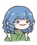  1girl black_eyes blue_hair blunt_bangs cropped_torso fins head_fins highres medium_hair parted_lips poronegi simple_background solo touhou upper_body wakasagihime white_background 