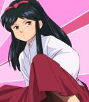  1girl black_hair brown_eyes character_request closed_mouth haruyama_kazunori japanese_clothes long_hair looking_at_viewer red_skirt skirt solo upskirt 