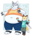  3_toes 4_fingers anthro belly big_belly blue_eyes bottomwear brown_body brown_fur canid canine canis clothing dipstick_tail duo feet fingers food fox fur green_eyes grey_body grey_fur hi_res hoodie huge_belly male mammal markings obese obese_anthro orange_body orange_fur overweight overweight_anthro pants shirt simple_background size_difference t-shirt tail tail_markings taka_fin9623 tight_clothing toes topwear white_body white_fur wolf 