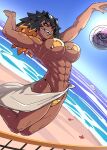  1girl abs aniwars armpits arms_up ball beach beach_volleyball bikini black_hair black_nails blue_sky breasts commentary crab dark-skinned_female dark_skin day dutch_angle english_commentary eyewear_on_head gold_bikini grin hellhound_(aniwars) highres horizon jumping large_breasts midair multicolored_hair muscular muscular_female ocean orange_hair outdoors outstretched_arm ponaners sand sarong scar scar_on_face sharp_teeth short_hair sky smile spiked_hair sun sunglasses sunlight sweat swimsuit teeth two-tone_hair very_sweaty volleyball volleyball_(object) volleyball_net water yellow_eyes 