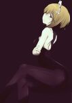  1girl arched_back belt black_background black_belt black_leotard black_pantyhose blonde_hair blunt_bangs blush breasts closed_mouth crossed_arms crossed_legs cutlass_(girls_und_panzer) fishnet_pantyhose fishnets from_side frown girls_und_panzer head_tilt leaning_forward legs leotard looking_at_viewer looking_back maid_headdress ngc20701 pantyhose short_hair sitting small_breasts solo yellow_eyes 