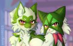  2023 anthro big_breasts blush breast_squish breasts breasts_frottage cheek_tuft claws digital_drawing_(artwork) digital_media_(artwork) duo eyebrows facial_tuft female female/female finger_claws fur generation_9_pokemon green_body green_fur hand_holding huge_breasts humanoid_hands inner_ear_fluff interlocked_fingers looking_at_viewer looking_back looking_back_at_viewer meowscarada nintendo nude onigiriad pokemon pokemon_(species) pokemorph red_blush red_eyes red_nose shaded shoulder_tuft signature smile soft_shading sprigatito squish teaser tuft 