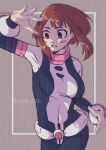  1girl blue_bodysuit blush_stickers bodysuit boku_no_hero_academia brown_eyes brown_hair chibi_228 hand_up highres medium_hair multicolored_bodysuit multicolored_clothes pink_bodysuit rain sidelocks solo superhero uraraka_ochako 