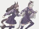  2girls anger_vein animal_ears blunt_bangs bow bowtie brown_footwear brown_hair brown_headwear frilled_skirt frills from_side gold_ship_(umamusume) grey_background grey_hair horse_ears horse_girl horse_tail horseshoe_ornament long_hair long_sleeves multiple_girls n_(mo_02323) pillbox_hat pleated_skirt purple_eyes purple_serafuku purple_shirt purple_skirt purple_thighhighs running sailor_collar sailor_shirt school_uniform serafuku shirt simple_background skirt tail thighhighs tosen_jordan_(umamusume) tracen_school_uniform twintails umamusume white_bow white_bowtie 