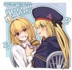  2girls absurdres arcueid_brunestud artoria_caster_(fate) artoria_caster_(second_ascension)_(fate) artoria_pendragon_(fate) beret blonde_hair blue_cape blue_headwear blush breasts burger cape dress eating fate/grand_order fate_(series) food green_eyes hat highres hood hooded_cape large_breasts long_hair long_sleeves looking_at_viewer mitsurugi_sugar multiple_girls red_eyes short_hair small_breasts sweater translation_request tsukihime tsukihime_(remake) turtleneck turtleneck_sweater twintails white_dress white_sweater 