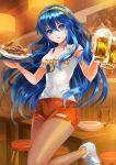  akuru_(akr369akr) bar_stool beer_mug blue_eyes blue_hair breasts commission cup fire_emblem fire_emblem_awakening hair_between_eyes hooters long_hair lucina_(fire_emblem) mug open_mouth orange_shorts pantyhose plate shoes shorts skeb_commission stool symbol_in_eye tank_top tray very_long_hair waitress white_footwear 