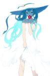  1girl aqua_hair blue_eyes cait_aron dress flower hat hatsune_miku highres holding holding_flower long_hair looking_at_viewer miku_day simple_background sleeveless sleeveless_dress solo standing straw_hat sundress twintails vocaloid white_background white_dress white_headwear 