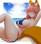  1girl animal_ear_fluff animal_ears arind_yudha arm_up armpits bikini blue_bikini blue_sky blush border breasts cloud cloudy_sky commentary covered_nipples fate/grand_order fate_(series) fox_ears fox_girl fox_print fox_tail hair_between_eyes hammock highres huge_breasts knee_up legs lips long_hair looking_at_viewer lying ocean orange_tail orange_trim outdoors outside_border pink_hair side-tie_bikini_bottom sideboob sky solo swimsuit tail tamamo_(fate) tamamo_no_mae_(fate/extra) tamamo_no_mae_(swimsuit_lancer)_(fate) tamamo_no_mae_(swimsuit_lancer)_(third_ascension)_(fate) thighs underboob white_border yellow_eyes 