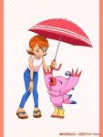  arms_up bangle blue_pants bracelet child closed_eyes commentary_request denim digimon digimon_(creature) digimon_adventure digimon_crest female_child hand_on_own_knee highres holding holding_umbrella jeans jewelry medium_hair official_art orange_hair pants pink_shirt piyomon red_umbrella sandals shared_umbrella shirt sleeveless sleeveless_shirt smile takenouchi_sora umbrella 