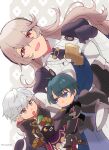  1girl 2boys :o ahoge armor black_armor black_cape black_gloves black_hairband black_robe blue_hair book brown_eyes brown_gloves byleth_(fire_emblem) byleth_(male)_(fire_emblem) cape closed_mouth corrin_(female)_(fire_emblem) corrin_(fire_emblem) crossed_arms fire_emblem fire_emblem:_three_houses fire_emblem_awakening fire_emblem_fates fire_emblem_heroes gloves grey_hair hair_between_eyes hairband highres holding holding_book hood hood_down hooded_robe kiriya_(552260) long_hair mini_person miniboy multiple_boys open_mouth pointy_ears purple_eyes red_eyes robe robin_(fire_emblem) robin_(male)_(fire_emblem) short_hair size_difference smile twitter_username white_hair 