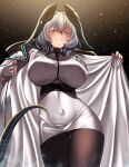  1girl alternate_breast_size aqua_eyes arknights black_pantyhose blush breasts cape covered_navel cowboy_shot dress fingerless_gloves gloves grey_gloves grey_hair grey_nails hair_between_eyes half-closed_eyes head_wings highres ho&#039;olheyak_(arknights) large_breasts long_hair looking_at_viewer medium_hair nail_polish paid_reward_available pantyhose silver4x smile snake_tail solo tail teeth thigh_gap white_cape white_dress wings 