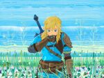  1boy abstract_background arm_guards armor belt blonde_hair blue_eyes blue_sky blue_tunic champion&#039;s_tunic_(zelda) dirty dirty_clothes dirty_face feleven field flower flower_field greaves highres link long_hair male_focus master_sword pauldrons pointy_ears scuffed shoulder_armor single_pauldron sky solo star_(sky) the_legend_of_zelda the_legend_of_zelda:_tears_of_the_kingdom 