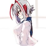  1girl arknights blue_sailor_collar blush breasts covered_nipples demon_horns grey_hair horns medium_breasts red_eyes sailor_collar school_uniform see-through_silhouette serafuku shirt_overhang simple_background smile solo sukima_(crie) w_(arknights) 