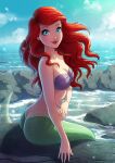  1girl ariel_(disney) blue_eyes blue_sky long_hair looking_at_viewer mermaid monster_girl ocean outdoors red_hair red_lips rockpool sandracharlet shell shell_bikini sitting sky solo the_little_mermaid water watermark web_address 