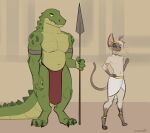  anthro biped black_eyes blue_sclera clothing crocodile crocodilian crocodylid domestic_cat duo egyptian felid feline felis green_body hi_res holding_object holding_spear holding_weapon male mammal melee_weapon polearm reptile scalie schmutzo siamese spear tan_body weapon yellow_sclera 