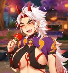  1girl arataki_itto candy_apple closed_eyes crop_top exchigen_10 food genderswap genderswap_(mtf) genshin_impact highres horns long_hair multicolored_hair oni oni_horns open_mouth red_hair smile spikes tattoo toned vision_(genshin_impact) white_hair 