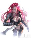  1girl artist_name belt black_gloves breasts closed_mouth dagger english_text gauntlets gloves highres holding holding_dagger holding_knife holding_weapon katarina_(league_of_legends) knife league_of_legends long_hair medium_breasts navel red_hair red_lips scar scar_across_eye simple_background solo stomach_tattoo tattoo wandzardeen weapon white_background 
